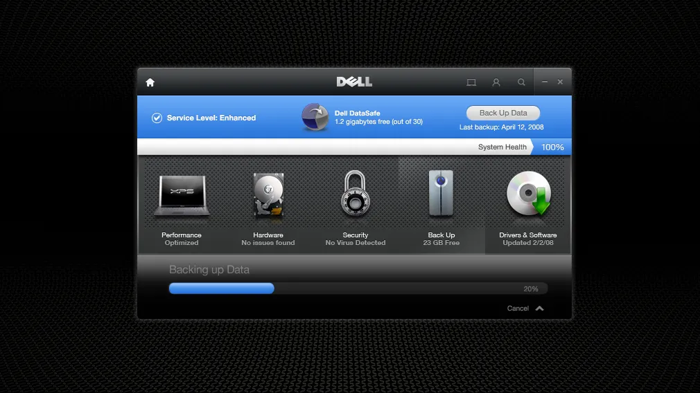 Screenshot of the Dell Support Center running a backup