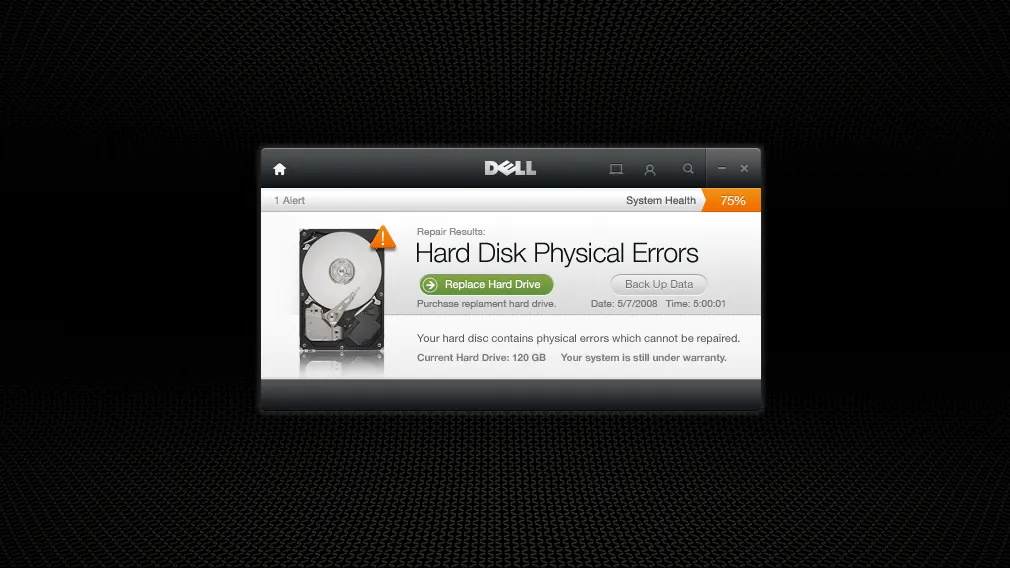 Screenshot of the Dell Support Center hardware alert screen