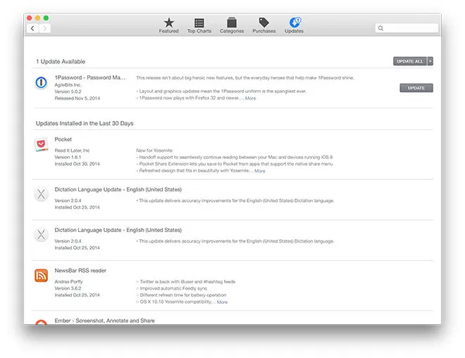  An update history in the OSX App Store