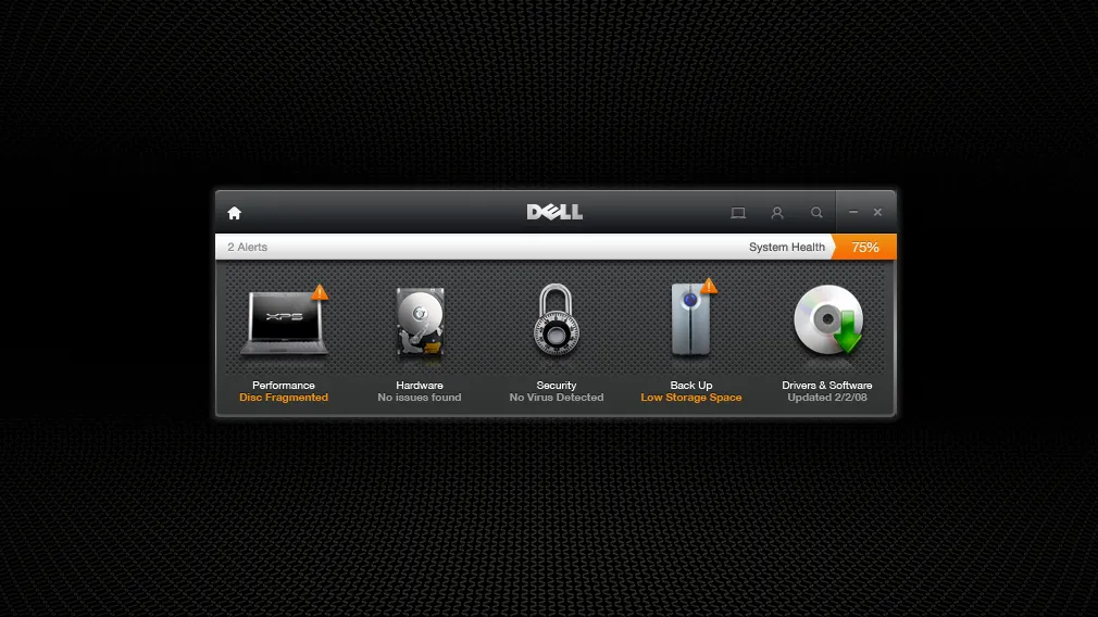 Screenshot of the Dell Support Center home screen when computer is in a bad state