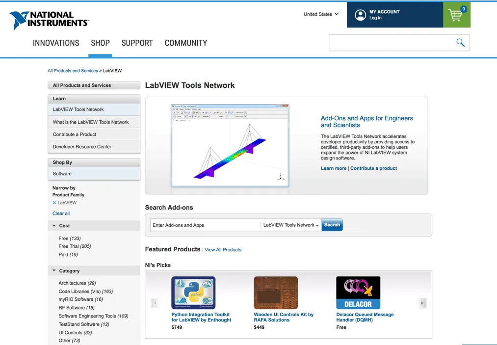 Screenshot of LabVIEW Tools Network webpage.