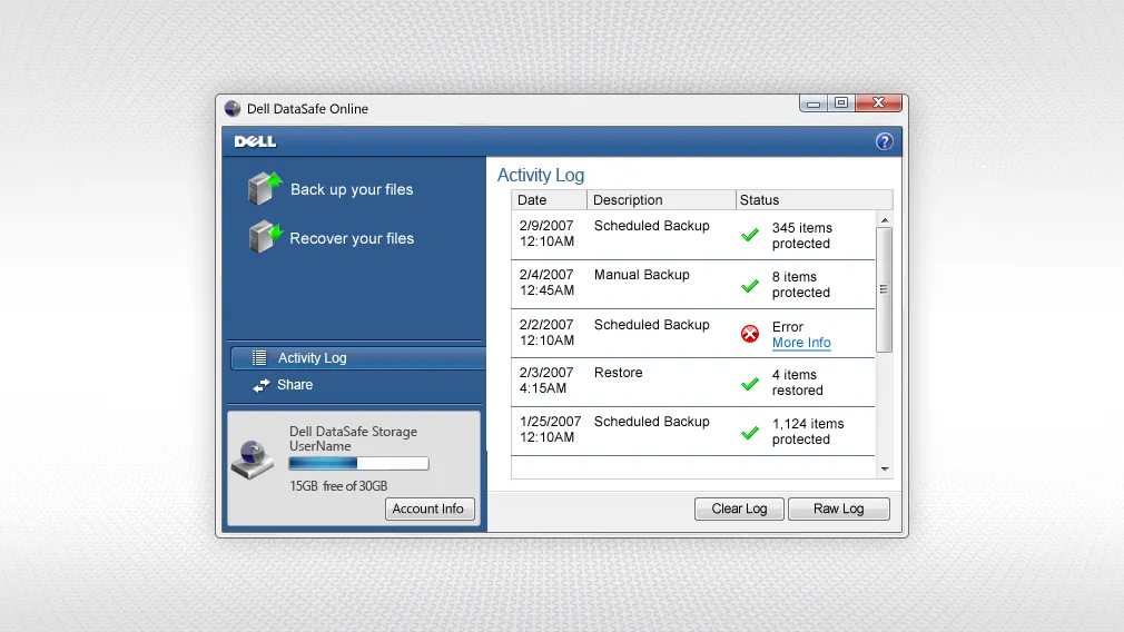 Screenshot of the Dell DataSafe activity screen