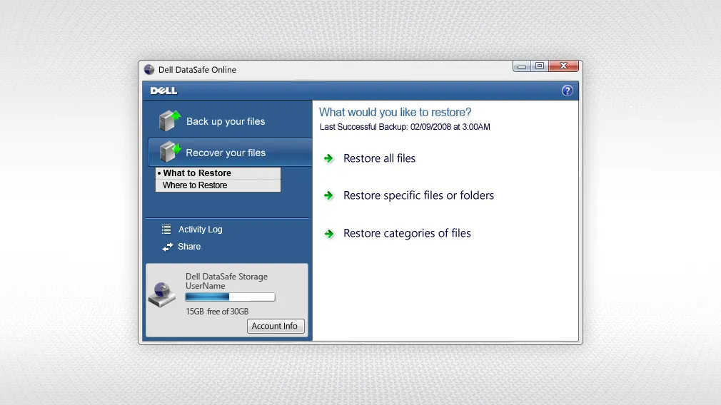 Screenshot of the Dell DataSafe restore screen