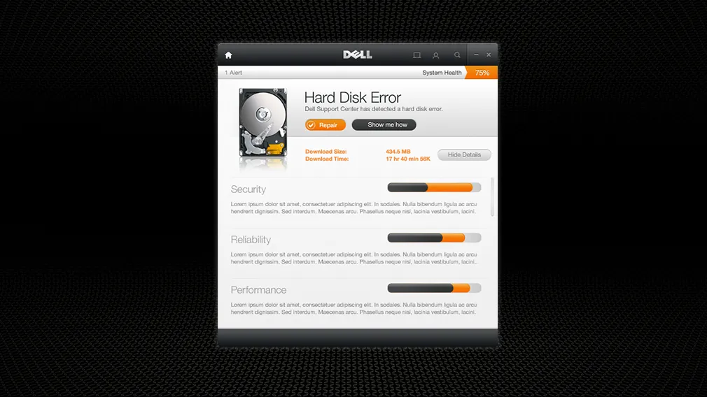 Screenshot of the Dell Support Center hardware alert details screen