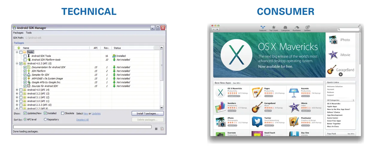 Application design examples showing a Technical style presentation versus a Consumer style presentation 
