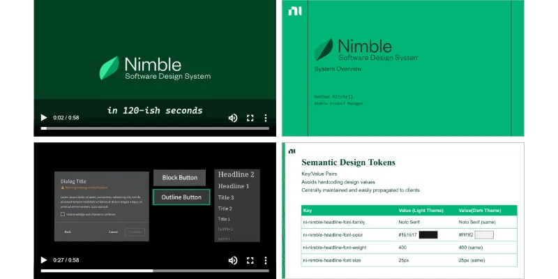 Image Collage of Pitch Deck material and video thumbnail that provides an overview of our design system